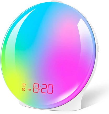 Wecker, Lichtwecker mit Sonnenaufgang/Sonnenuntergang Simulation, Tageslichtwecker mit Snooze-Funktion and Dual Alarme, Sonnenuntergang lampe mit 10 Natürliche Klänge, 7 Farben Atmosphäre Lampe [Energieklasse G]