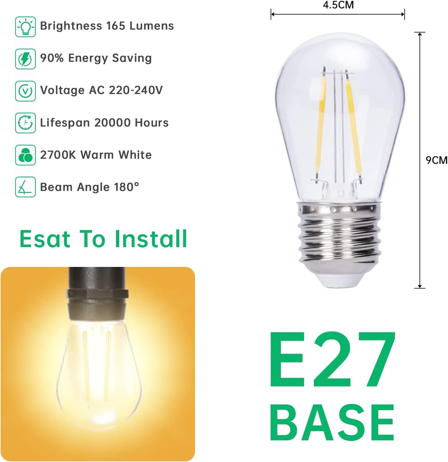 Ruinnykai LED-Lichterkette für draußen/innen, 10 m, 12 Fassungen, 12+2 Glühbirnen, dimmbar, E27, IP65, 2700 K, Warmweiß, 1 W pro Glühbirne
