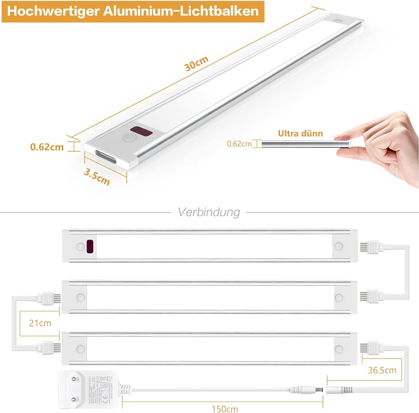 wobsion Unterbauleuchte Küche LED dimmbar mit berührungslosem Sensor, Küchenleuchte Unterbau LED 30 cm x 3 Stück in Warmweiß 3000 K, ultradünne LED-Lichtleiste Küche für Kleiderschrank, Vitrine [Energieklasse G]
