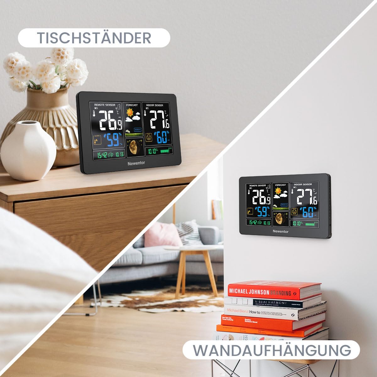 Newentor Wetterstation Funk mit Außensensor - Funkwetterstation mit Wettervorhersage, Temperaturwarnung, DCF Funkuhr - Batteriebetrieb und Netzbetrieb, Schwarz, 3 Außensensoren