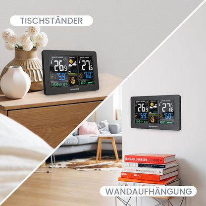 Newentor Wetterstation Funk mit Außensensor - Funkwetterstation mit Wettervorhersage, Temperaturwarnung, DCF Funkuhr - Batteriebetrieb und Netzbetrieb, Schwarz, 3 Außensensoren