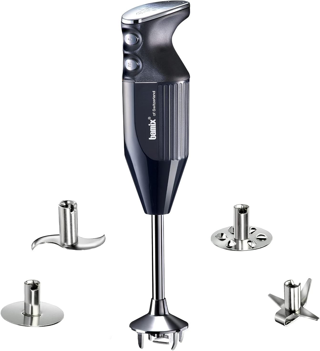 bamix Stabmixer Set M350 MAXX inkl. Multifunktions-, Fleisch-, Gemüsemesser, Quirl, Schlagscheibe aus Edelstahl, 300 Watt, 2-Stufen, Made in Switzerland, Schwarz/Chrom