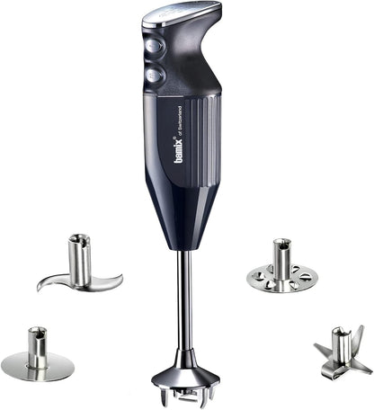 bamix Stabmixer Set M350 MAXX inkl. Multifunktions-, Fleisch-, Gemüsemesser, Quirl, Schlagscheibe aus Edelstahl, 300 Watt, 2-Stufen, Made in Switzerland, Schwarz/Chrom