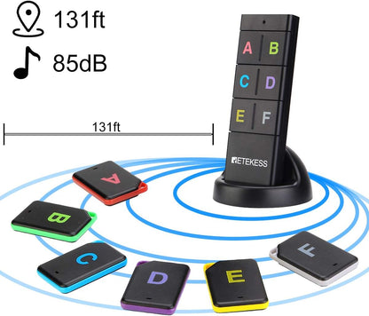 Retekess TH104 Schlüsselfinder, Cable Loser Objektfinder, 85 dB Beepton, unterstützt Fernbedienung, 131 Fuß Arbeitsbereich, 6 Empfänger für Haustier, Geldbörse, Schlüsselverfolgung