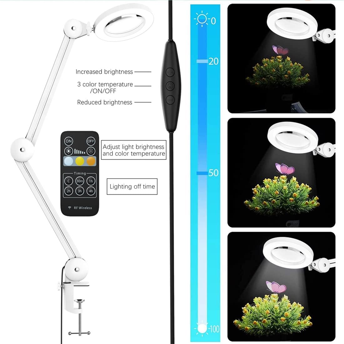 Soltiik Lupenlampe – Lupe mit 5 Dioptrien Licht – mit Klemme, Schwenkarm, dimmbar, 3 Farbmodi, 105 mm Glaslinse – Licht zum Lesen