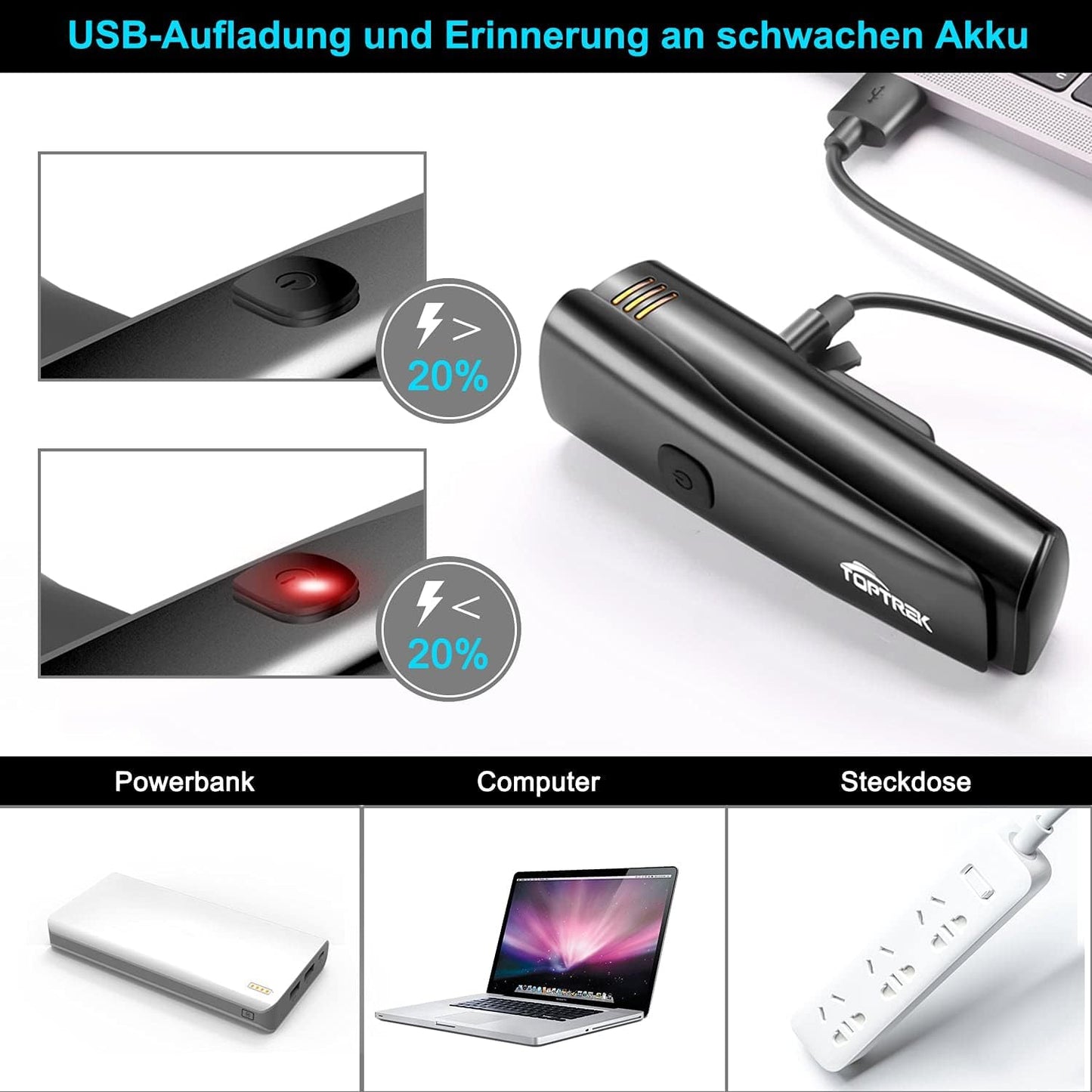 toptrek Fahrradlicht Set Akku Kapazität Bis Zu 2600mAh LED Fahrradbeleuchtung Laufzeit Bis Zu 9 Stunden Fahrradlampe, IPX5 Wasserdicht Fahrrad licht mit Nahfeldbeleuchtung