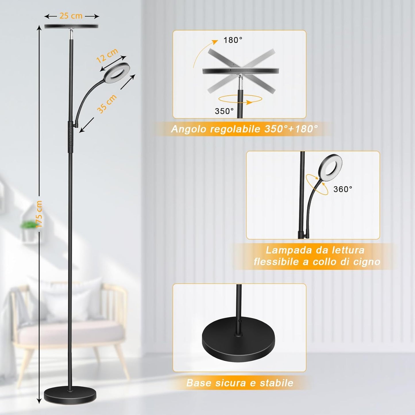 LED Stehleuchte Deckenfluter, 3600LM 42W Moderne Stehleuchten avec lampes LED plus lumineuses, 2700K-6500K Stufenlos Dimmbare Stehlampe avec Fernbedienung &amp; Touch Control für Wohnen [Classe énergétique F]