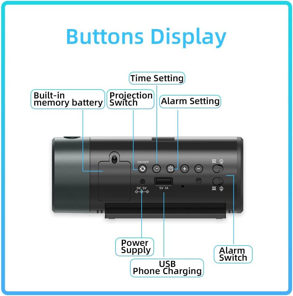 FanJu Digital Projektionswecker mit Temperatur und Zeit-Projektion, für Schlafzimmer, mit USB-Anschluss,Helligkeit automatisch einstellen, 12/24H, Zwei Wecker mit Schlummer.