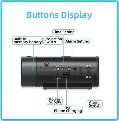 FanJu Digital Projektionswecker mit Temperatur und Zeit-Projektion, für Schlafzimmer, mit USB-Anschluss,Helligkeit automatisch einstellen, 12/24H, Zwei Wecker mit Schlummer.
