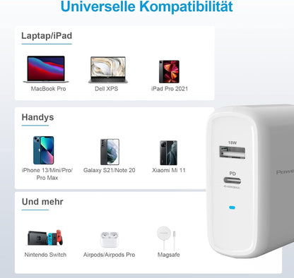 PowerLot 60W USB C Ladegerät mit GaN Tech PD 3.0 Netzteil, Schnellladegerät Kompatibel mit MacBook Pro, Lenovo, Surface, Dell XPS, Chromebook, HP, Laptop, iPad, iPhone 14 Pro Max, DJI Mini 3 Pro usw