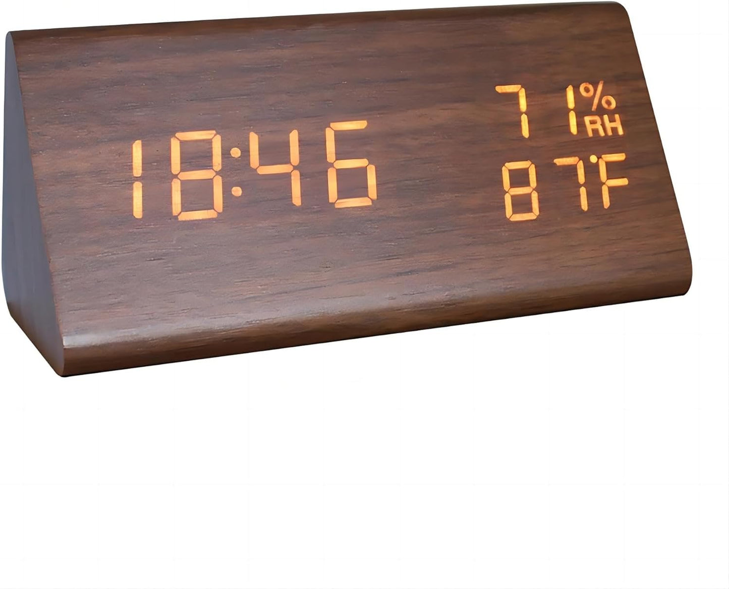 Fibisonic Digitaler Wecker aus Holz, 12/24-Stunden-Temperatur- und Luftfeuchtigkeitsanzeige, Tonaktivierung, 3 Helligkeitsstufen, batteriesbetrieben, Bürouhren für Zuhause andd