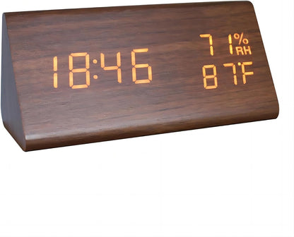 Fibisonic Digitaler Wecker aus Holz, 12/24-Stunden-Temperatur- und Luftfeuchtigkeitsanzeige, Tonaktivierung, 3 Helligkeitsstufen, batteriesbetrieben, Bürouhren für Zuhause andd