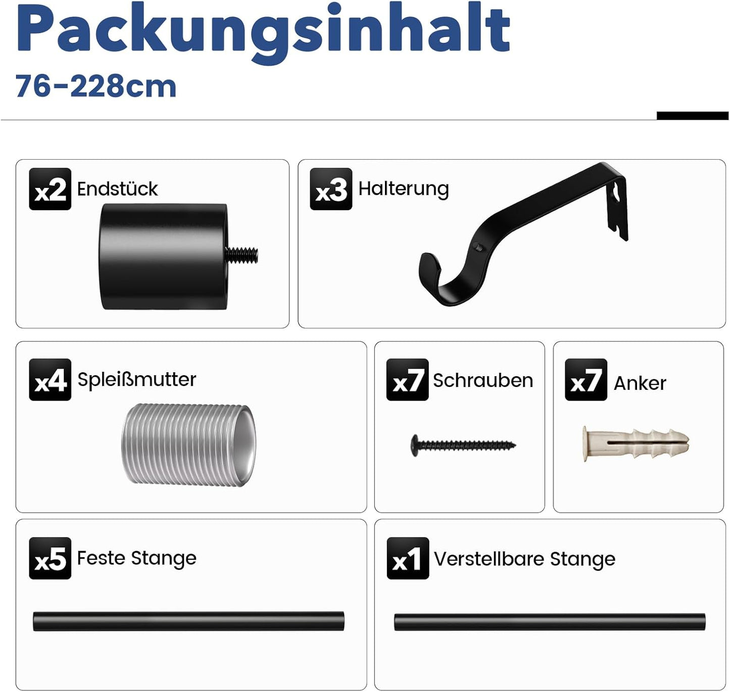 Gardinenstange Schwarz 76-228 cm Vorhangstange Ausziehbar 19 mm Durchmesser für Schlafzimmer, Wohnzimmer oder Küche von GEEBOBO