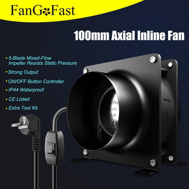FanGoFast 100mm Axial-Rohrventilator, 180m³/h Axialventilator Abluftventilator Rohrventilator mit Zwei Klemmen und 2m Schlauch für Grow Tent, Garage, Werkzeugraum, Büro