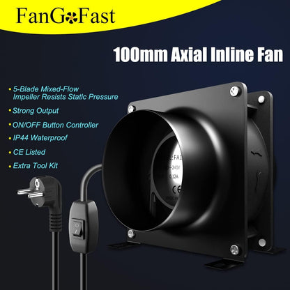 FanGoFast 100mm Axial-Rohrventilator, 180m³/h Axialventilator Abluftventilator Rohrventilator mit Zwei Klemmen und 2m Schlauch für Grow Tent, Garage, Werkzeugraum, Büro