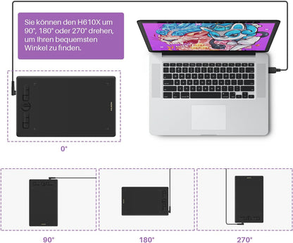 HUION Inspiroy H610X Tablette graphique 10 x 6,25 pouces, tablette Zeichen avec support sans batterie et 8 tablettes fonctionnelles réglables, tablette OSU, prend en charge Chromebook Android – pour le bureau à domicile et l'apprentissage en ligne