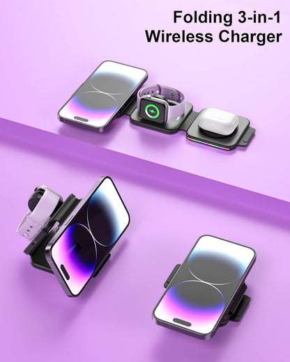 3 in 1 Magnetische Kabellose Ladestation, Mag-Safe ladegerät [Faltbar & Tragbar & Buntes Licht] Wireless Charging Ladepad für iPhone 14/13/12/11/XR/8 Serie,Samsung S22/21/20, iWatch, AirPods