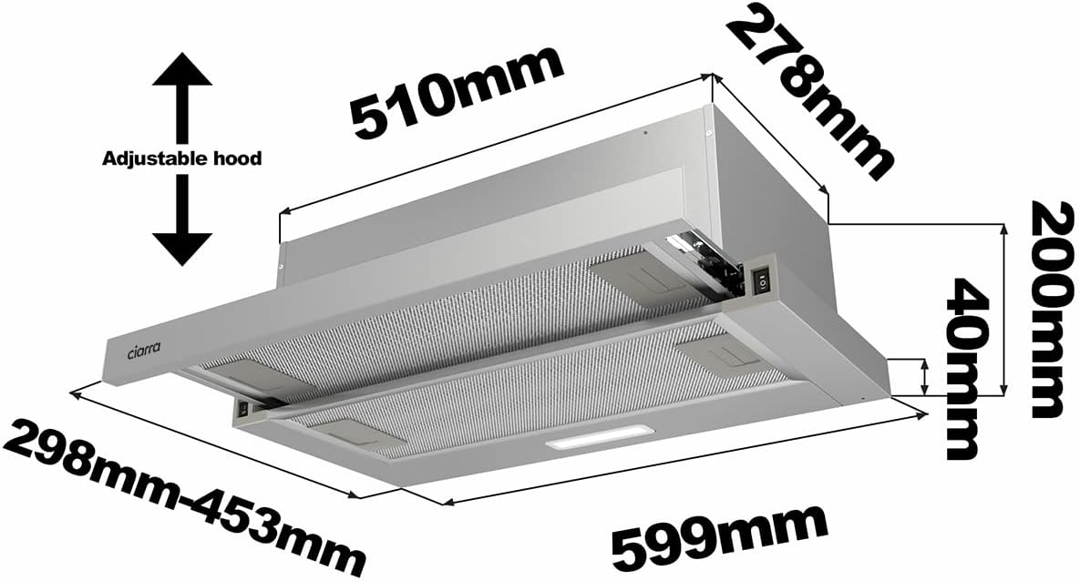 Ciarra CBCS6906D Flachschirm-Dunstabzugshaube, 60 cm, Flachschirmhaube, max. 370m³/h, pour Abluft ou Umluft geeignet, 2 Stufen, Edelstahl, LED-Beleuchtung, incl. Filtre à graisse en aluminium [Classe énergétique A++]