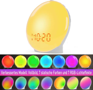 Wecker, Lichtwecker mit Sonnenaufgang/Sonnenuntergang Simulation, Tageslichtwecker mit Snooze-Funktion and Dual Alarme, Sonnenuntergang lampe mit 10 Natürliche Klänge, 7 Farben Atmosphäre Lampe [Energieklasse G]