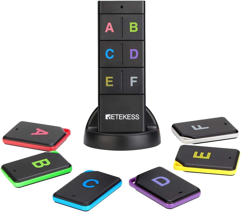 Retekess TH104 Schlüsselfinder, Cable Loser Objektfinder, 85 dB Beepton, unterstützt Fernbedienung, 131 Fuß Arbeitsbereich, 6 Empfänger für Haustier, Geldbörse, Schlüsselverfolgung