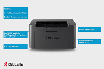 Imprimante laser multifonction Kyocera MA2001w WLan 3-en-1 Utilisé : Drucker Scanner Kopierer. 20 pages A4 par minute. USB 2.0, 1 200 ppp, fonction de numérisation non compatible avec Apple IOS