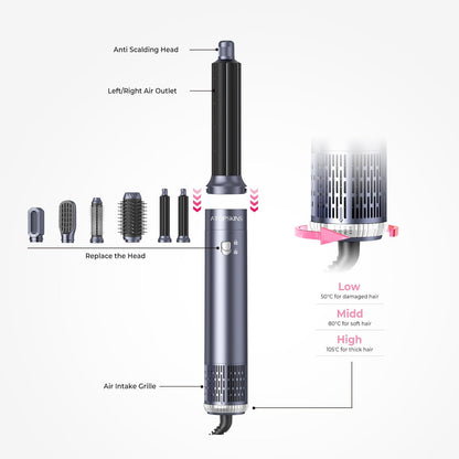 Atopskins Pro Air styler 6 in 1 Airbrush Haarstyler Hair Styler mit Rundbürste, Warmluftbürste, Föhnbürste, Haartrockner, Air Culer, Hairstyler Airstyler für Alle Haartypen, Trocknen, Glätten, Locken