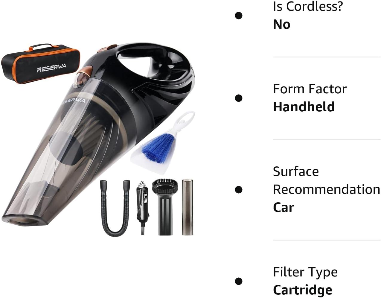 Reserwa Autostaubsauger, 12V, 106W, tragbarer Staubsauger, leistungsstark, automatischer Handstaubsauger, Netzkabel, Transporttasche, Reinigungsbürste (schwarz)