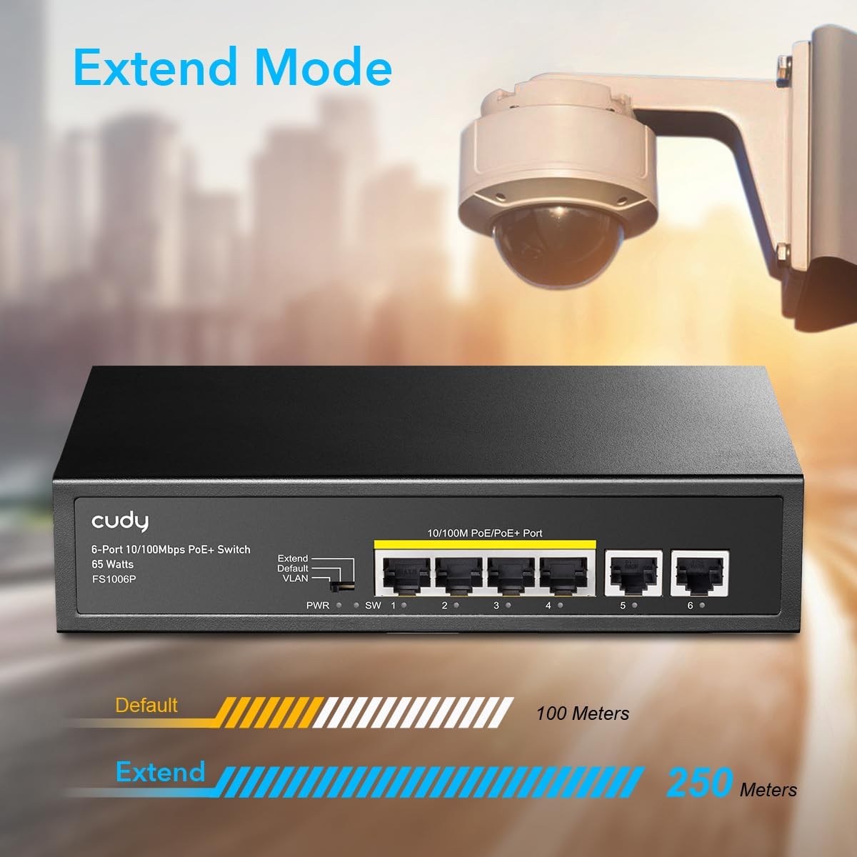 Cudy Poe+ Switch 6 Ports 10/100Mbps, 60W, 4 Poe/Poe+, Switch Unmanaged, CCTV-Modus, VLAN, Keine zusätzliche Stromversorgung, FS1006P