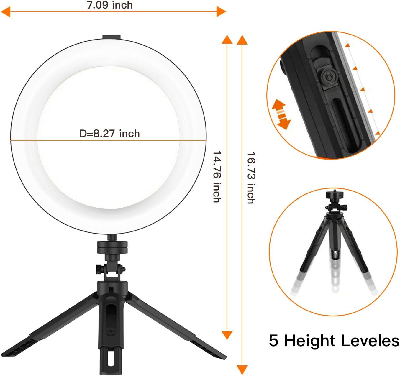 Anneau lumineux à selfie BESTOPE 8" avec support miroir et commande pratique par licol, 3 modes d'éclairage et 10 lumières, anneau lumineux LED pour vidéo YouTube/diffusion en direct pour iPhone/Android