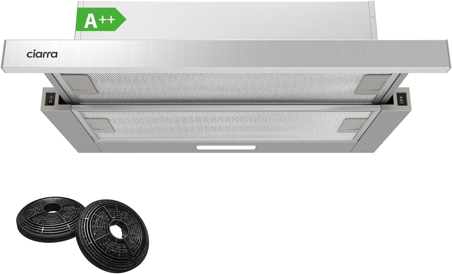 Ciarra CBCS6906D Flachschirm-Dunstabzugshaube, 60 cm, Flachschirmhaube, max. 370m³/h, pour Abluft ou Umluft geeignet, 2 Stufen, Edelstahl, LED-Beleuchtung, incl. Filtre à graisse en aluminium [Classe énergétique A++]