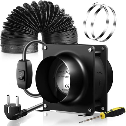 FanGoFast 100mm Axial-Rohrventilator, 180m³/h Axialventilator Abluftventilator Rohrventilator mit Zwei Klemmen und 2m Schlauch für Grow Tent, Garage, Werkzeugraum, Büro