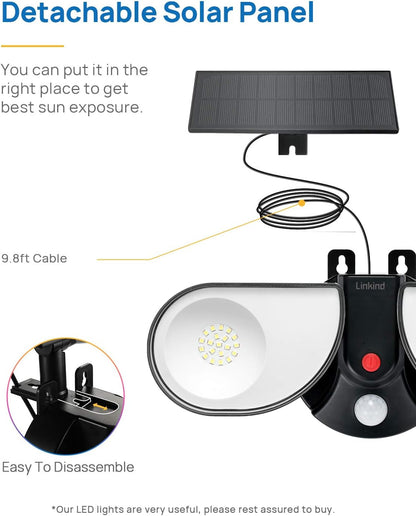 Linkind Guard Lampe clignotante LED avec détecteur de mouvement solaire, panneau solaire externe avec câble de 9,8 m, 2 têtes réglables, applique murale de sécurité, angle 300°, éclairage de sécurité IP67 pour véranda, Hinterhof, lot de 2