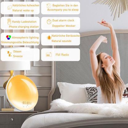 Wecker, Lichtwecker mit Sonnenaufgang/Sonnenuntergang Simulation, Tageslichtwecker mit Snooze-Funktion and Dual Alarme, Sonnenuntergang lampe mit 10 Natürliche Klänge, 7 Farben Atmosphäre Lampe [Energieklasse G]
