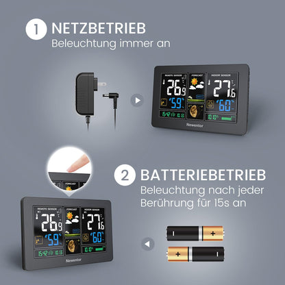 Newentor Wetterstation Funk mit Außensensor - Funkwetterstation mit Wettervorhersage, Temperaturwarnung, DCF Funkuhr - Batteriebetrieb und Netzbetrieb, Schwarz, 3 Außensensoren