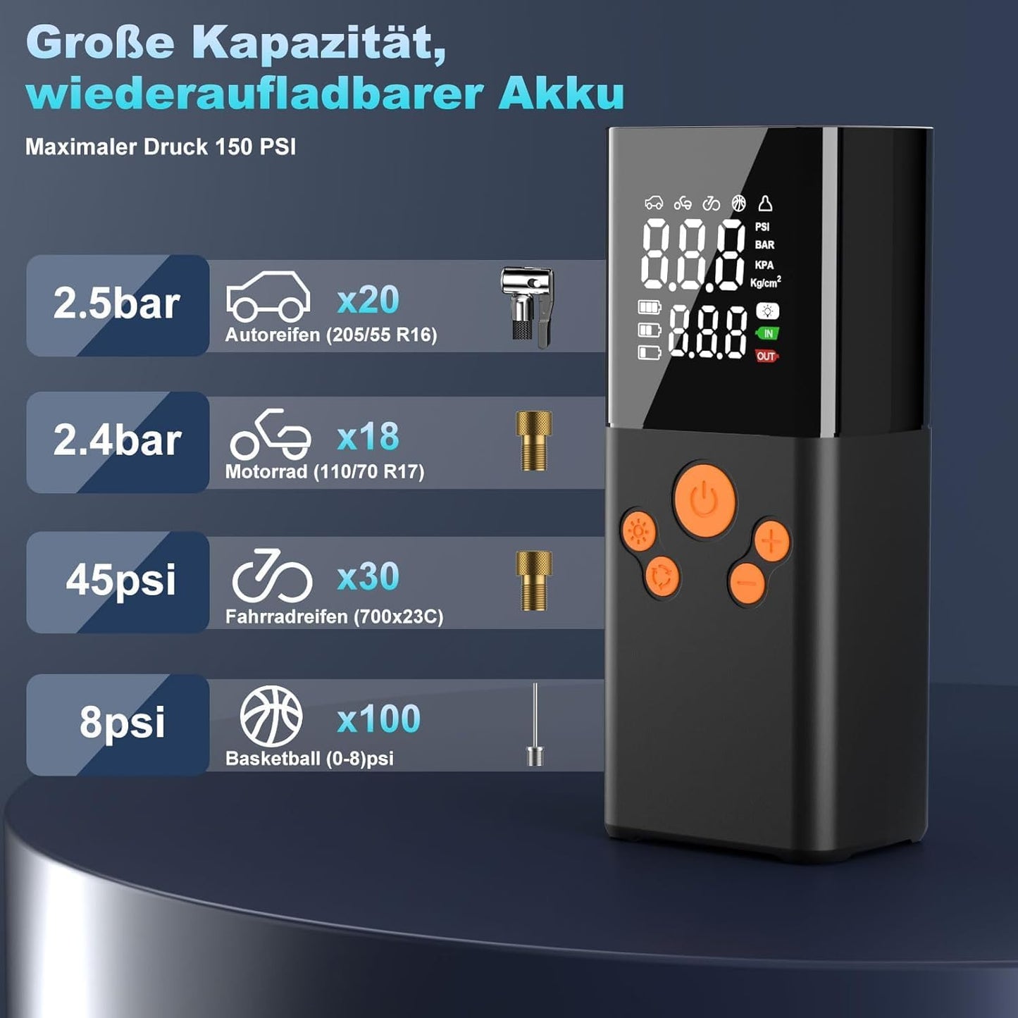 Qıngque CZK-5611 Pompe à air de voiture Akku-Luftpumpe, Kompressor, Akku-Pumpe, électrique, 150 PSI, 10000 mAh, Akku-Kompressor variable avec écran LCD numérique, impression (noir)