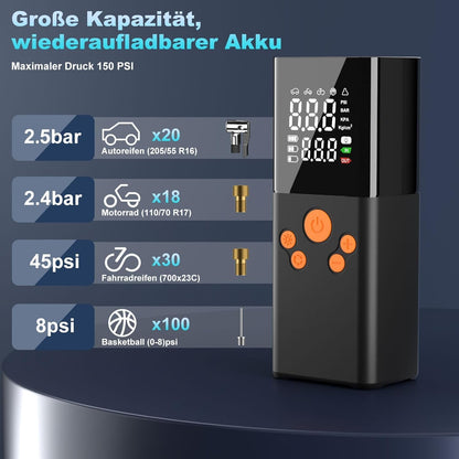 Qıngque CZK-5611 Pompe à air de voiture Akku-Luftpumpe, Kompressor, Akku-Pumpe, électrique, 150 PSI, 10000 mAh, Akku-Kompressor variable avec écran LCD numérique, impression (noir)
