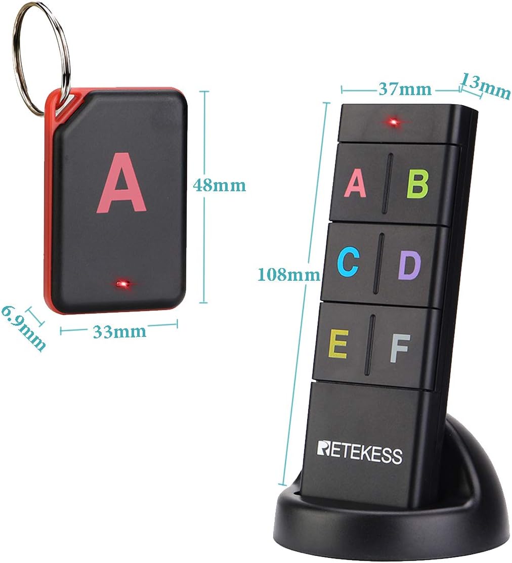 Retekess TH104 Schlüsselfinder, Cable Loser Objektfinder, 85 dB Beepton, unterstützt Fernbedienung, 131 Fuß Arbeitsbereich, 6 Empfänger für Haustier, Geldbörse, Schlüsselverfolgung