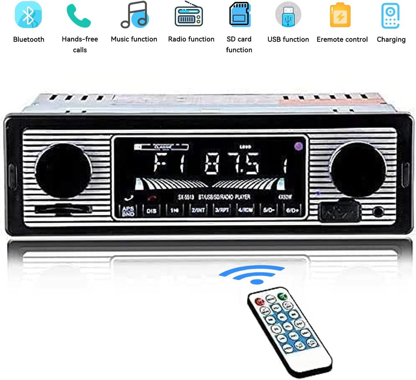 Oldtimer-Stereoanlage, Bluetooth-Autoradio, 2 Knöpfe, Einzel-DIN, 60WX4, FM, Freisprech-Autoradio, Oldtimer-MP3, AUX, USB, U-Disk-Audio mit Fernbedienung
