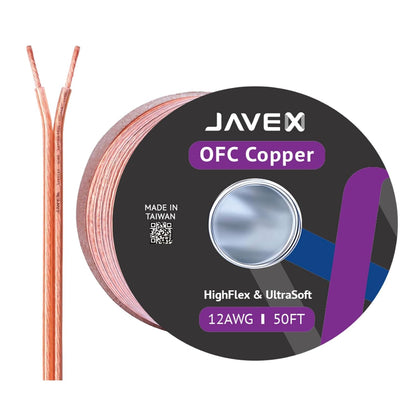 JAVEX Lautsprecherkabel 12-Gauge [2 x 3,38 mm²] [sauerstofffreies Kupfer 99,9%] Litzenkupfer, Flachkabel, Kabel für HiFi-Anlagen, Verstärker 50 Fuß [15,25 m]