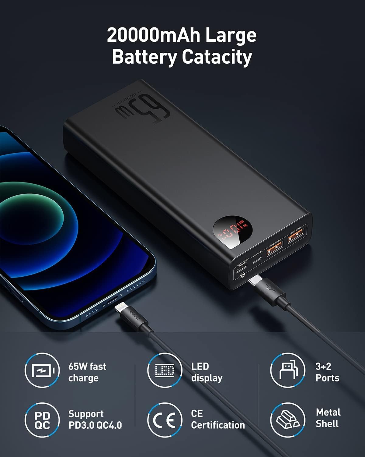 Baseus Powerbank, 65W Power Bank 20000mAh, Laptop Powerbank PD QC 3+, Externe Handyakkus USB-C Input & Output, für Steam Deck Rog Ally MacBook, Dell, HP, Notebook, iPhone, Galaxy