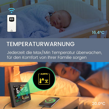 Newentor Wetterstation Funk mit Außensensor - Funkwetterstation mit Wettervorhersage, Temperaturwarnung, DCF Funkuhr - Batteriebetrieb und Netzbetrieb, Schwarz, 3 Außensensoren
