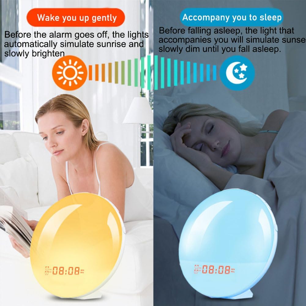 Wecker, Lichtwecker mit Sonnenaufgang/Sonnenuntergang Simulation, Tageslichtwecker mit Snooze-Funktion and Dual Alarme, Sonnenuntergang lampe mit 10 Natürliche Klänge, 7 Farben Atmosphäre Lampe [Energieklasse G]