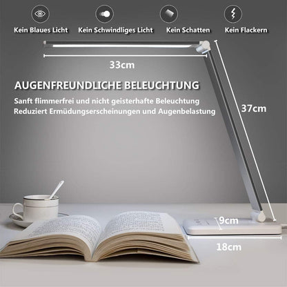SLATOR Schreibtischlampe LED Dimmbare Tischleuchte 5 Farb und 10 Helligkeitsstufen Nachttischlampe USB-Anschluss für Aufladung des Smartphones Leselicht für Leser, Kinder, QM019, Aluminium, Silver