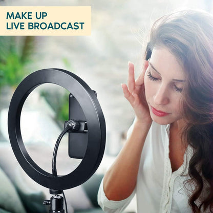 Ringlicht 10" mit Stativständer und Telefonhalter für YouTube-Video und Streaming, Schreibtisch-Make-up, LED-Ringlicht dimmbar für Fotobeleuchtung, Selfie mit 3 Lichtmodi und 10 Helligkeitsstufen (10")