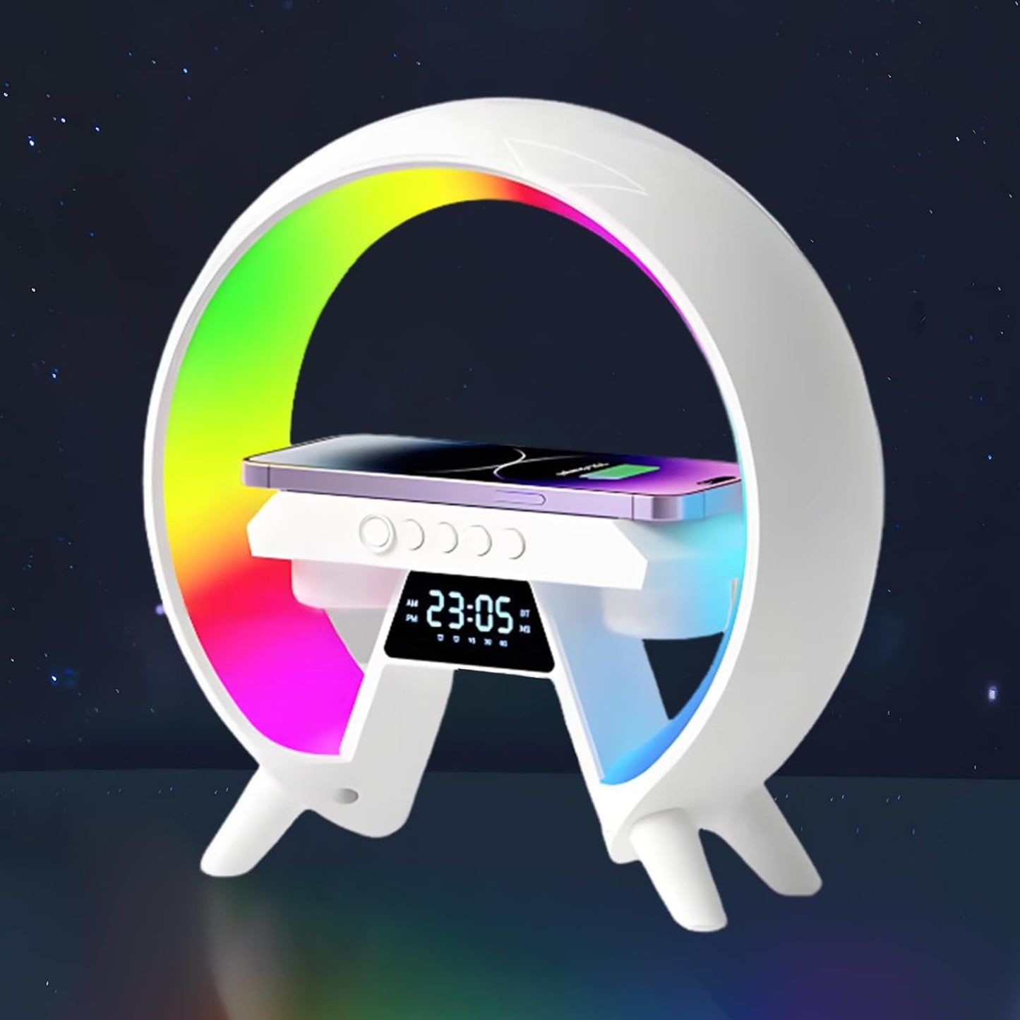 Atmosphärenlampe mit Kabellosem Ladegerät, 5 in 1 Kabelloses Laden Tischlampe,LED Nachttischlampe, Musik Alarm Clock,Dimmbar Nachtlicht, Bluetooth-Lautsprecher, für Büro, Schlafzimmer,Wohnzimmer [Energieklasse G]