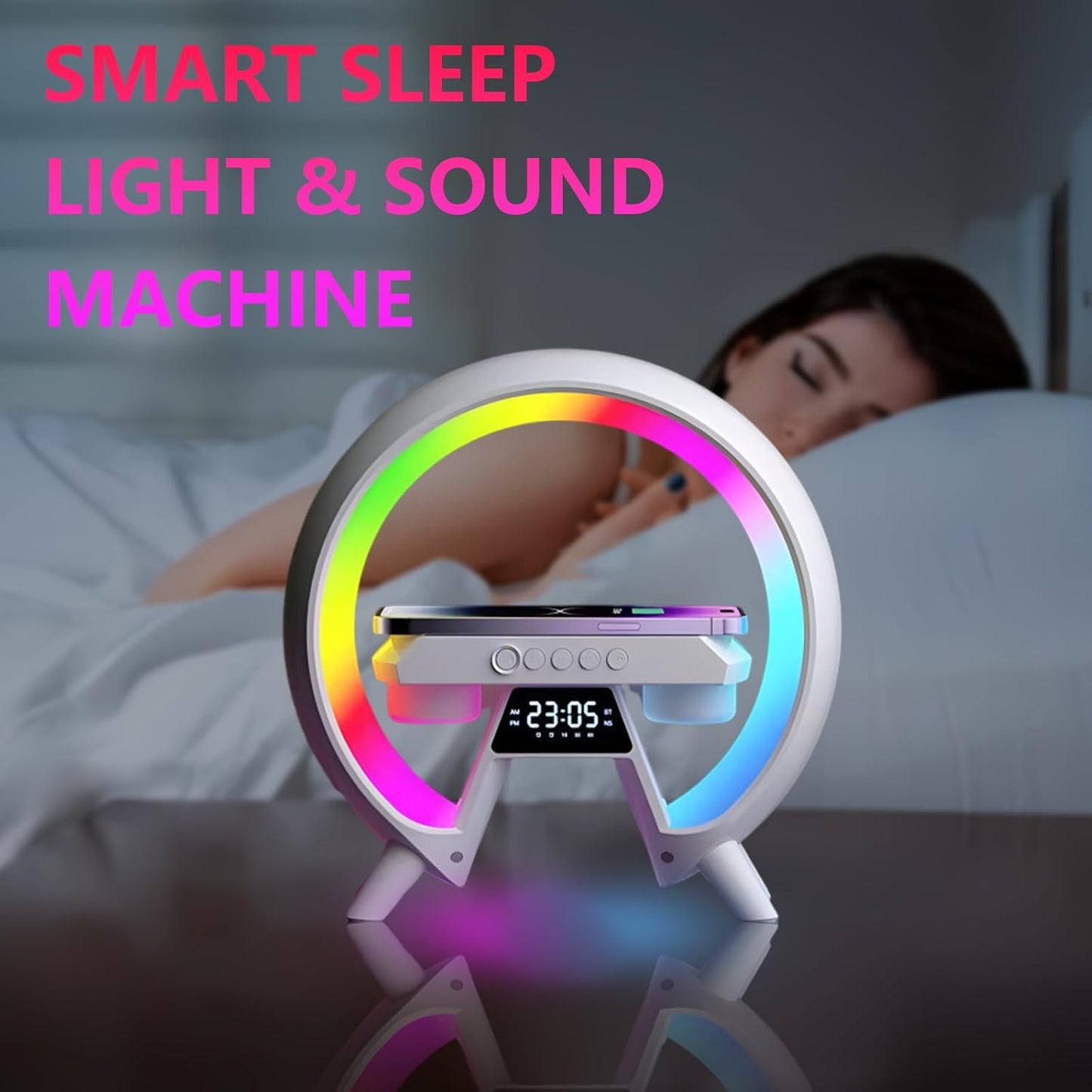 Atmosphärenlampe mit Kabellosem Ladegerät, 5 in 1 Kabelloses Laden Tischlampe,LED Nachttischlampe, Musik Alarm Clock,Dimmbar Nachtlicht, Bluetooth-Lautsprecher, für Büro, Schlafzimmer,Wohnzimmer [Energieklasse G]