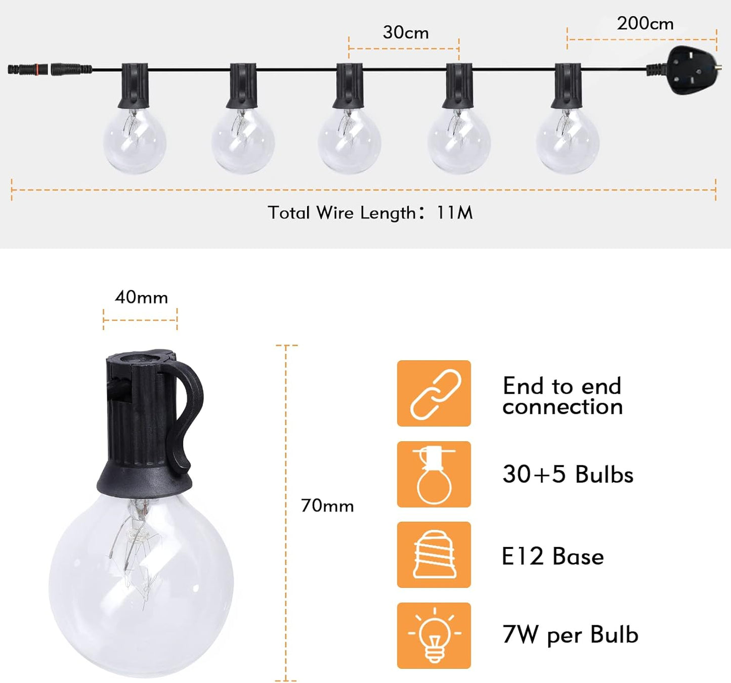 LOFTER Globel Lichterkette, 9 m Soffitten-Lichterkette für den Außenbereich, mit G40 30+3 (Ersatz-)Glühbirnen, IP44 wasserdichte Außenbeleuchtung, netzbetrieben, warmweiße Innen- und Außen-Lichterkette für Schlafzimmer, Garten