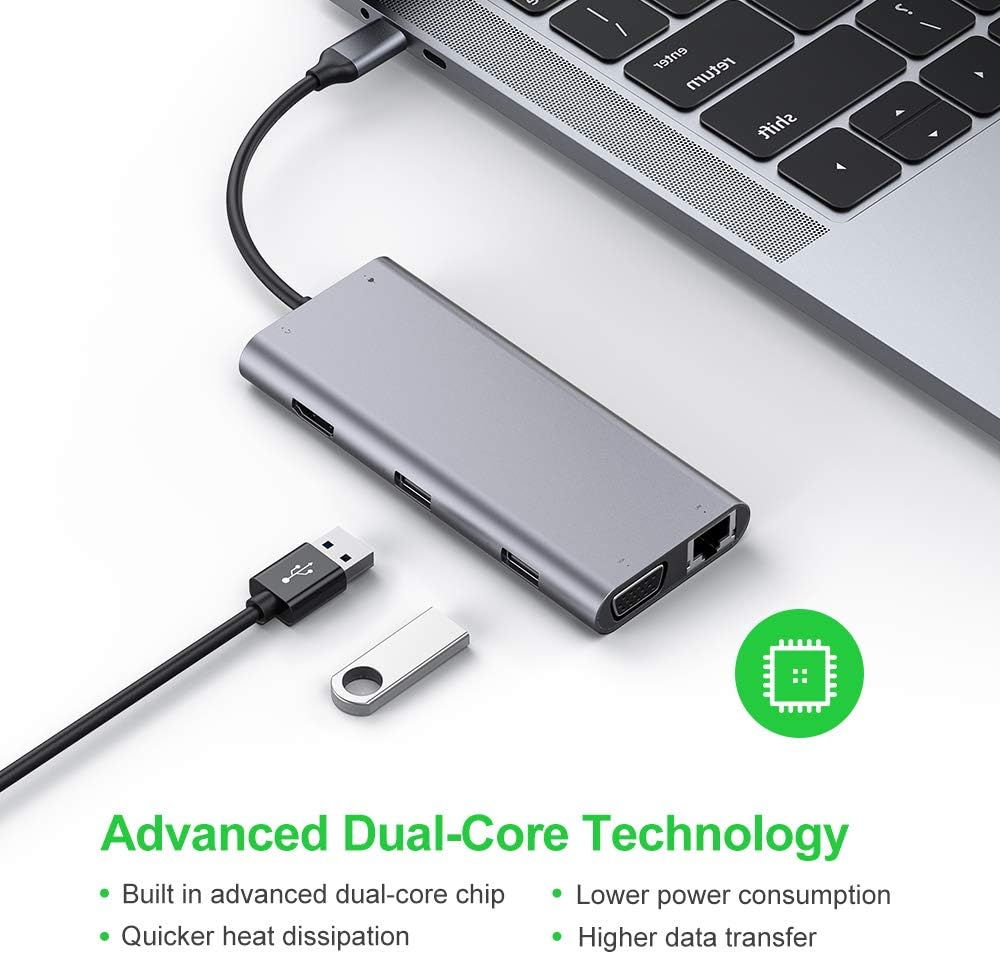 USB-C-Hub, 11-in-1-Typ-C-Hub-Adapter mit 4K HDTV, 1080P VGA, RJ45-Gigabit-Ethernet, USB-C-Stromversorgung, USB 3.0/2.0, SD/TF-Kartenleser, 3,5-mm-Audio-Jacke, kompatibel mit MacBook Pro und mehr