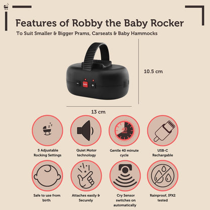 ZAZU Robby Kinderwagenschaukler - Automat. Babywippe, Verstellbare Stärke, 40-Min Timer, Babyschreisensor, USB-C wiederaufladbar, Wasserfest, Universell für Kinderwagen & Buggy (Schwarz.)