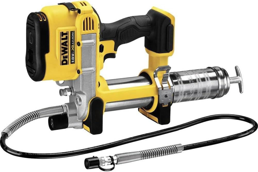 Dewalt 18V Akku-Fettpresse DCGG571 (690 bar Auspressdruck, Auspressgeschwindigkeit 147g/min, mit 1m Schlauch und LED Arbeitslicht, inklusive 1x Schultergurt ohne Akku und Ladegerät) GEBRAUCHT